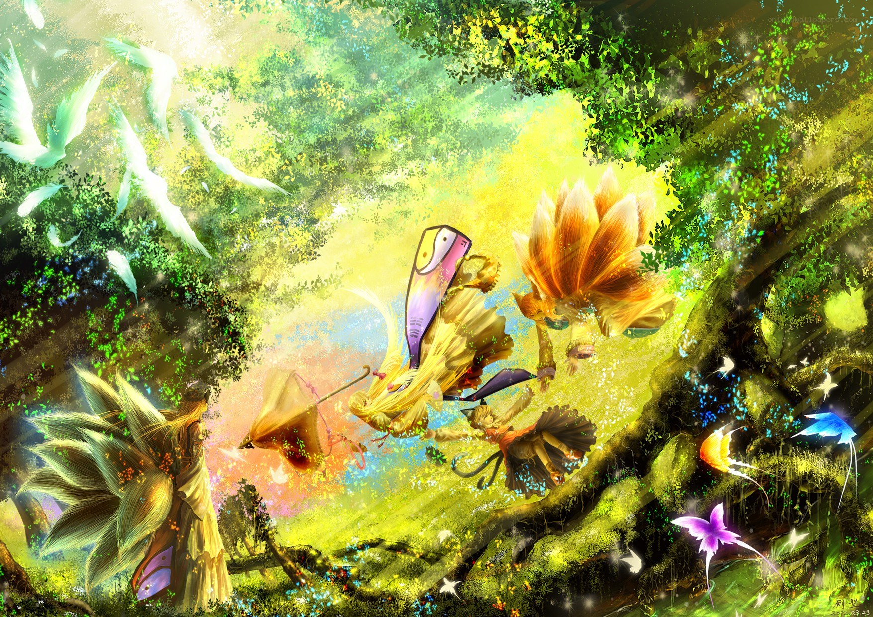 Fantasy forest creatures in flight