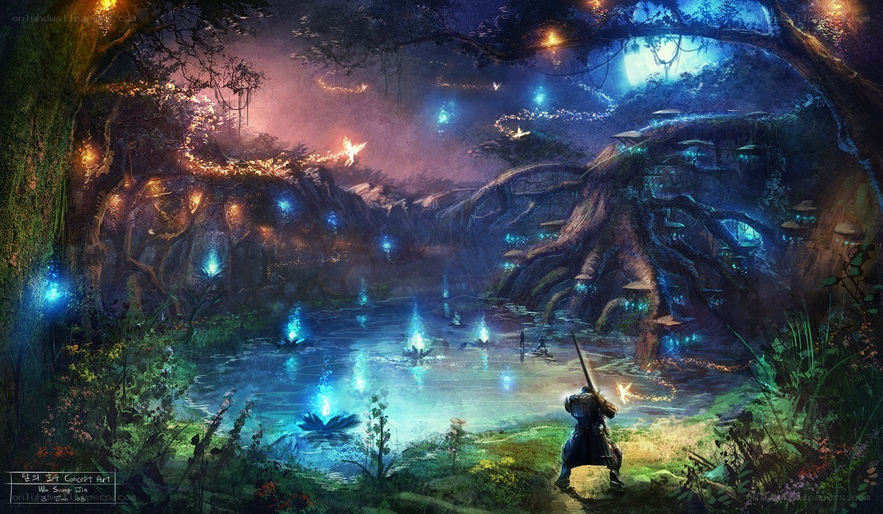 Fantasy forest pond scene
