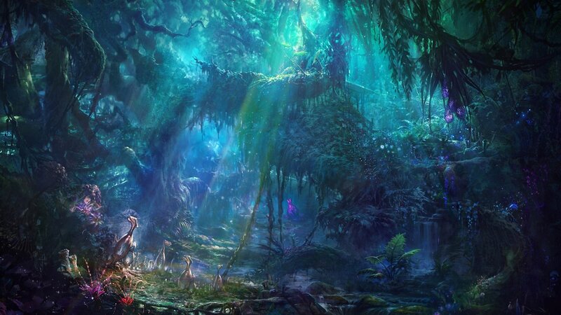 Fantasy Forest Scene — Green, Mystical, Digital Art, Trees