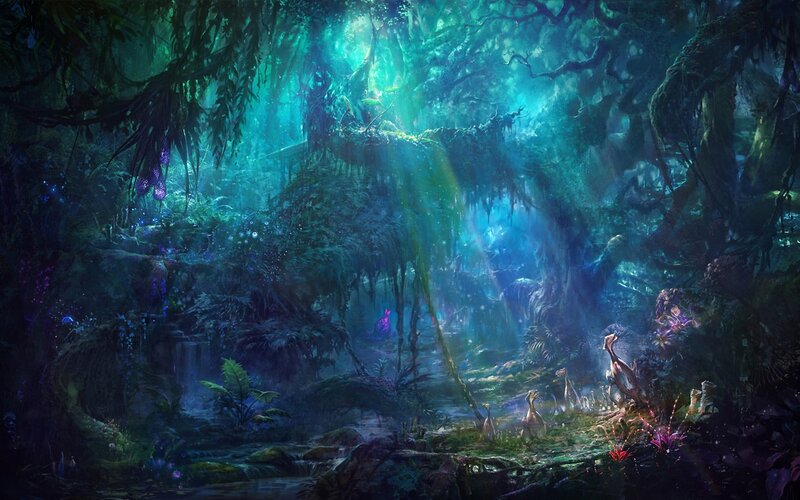 Fantasy Forest Scene — Green, Mystical, Night, Digital Art, Trees