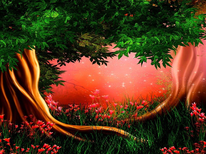 Fantasy Forest Scene — Green, Serene, Sunset