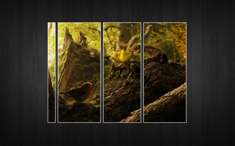 Fantasy forest scene with bird and dragon
