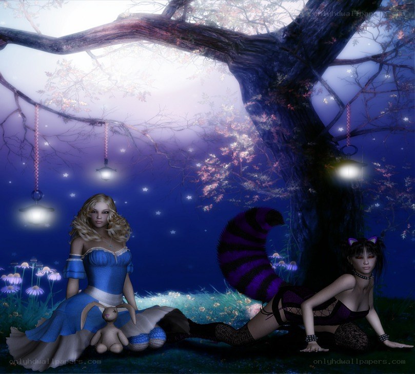 Fantasy forest scene with two women
