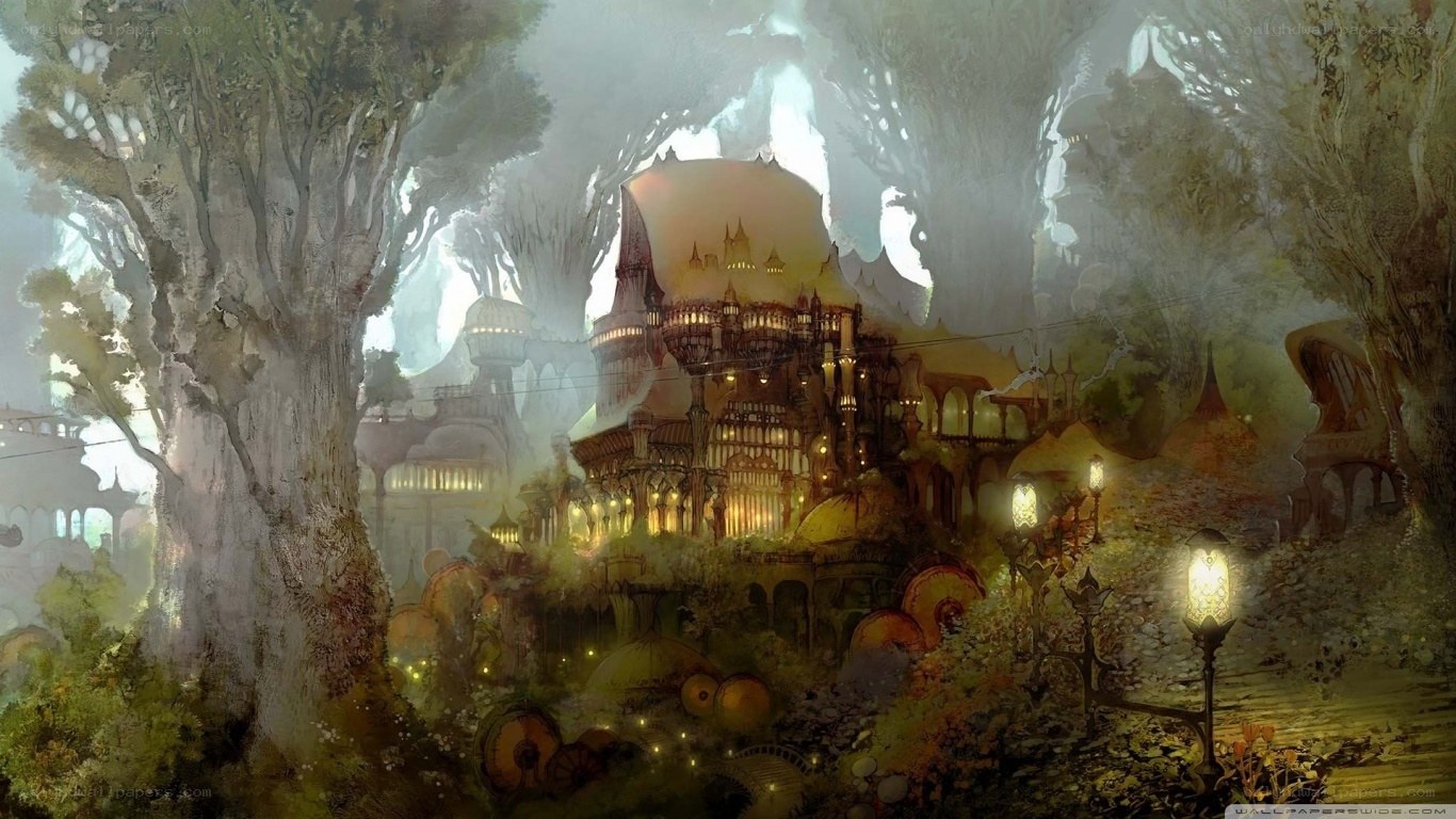 Fantasy forest village at dusk
