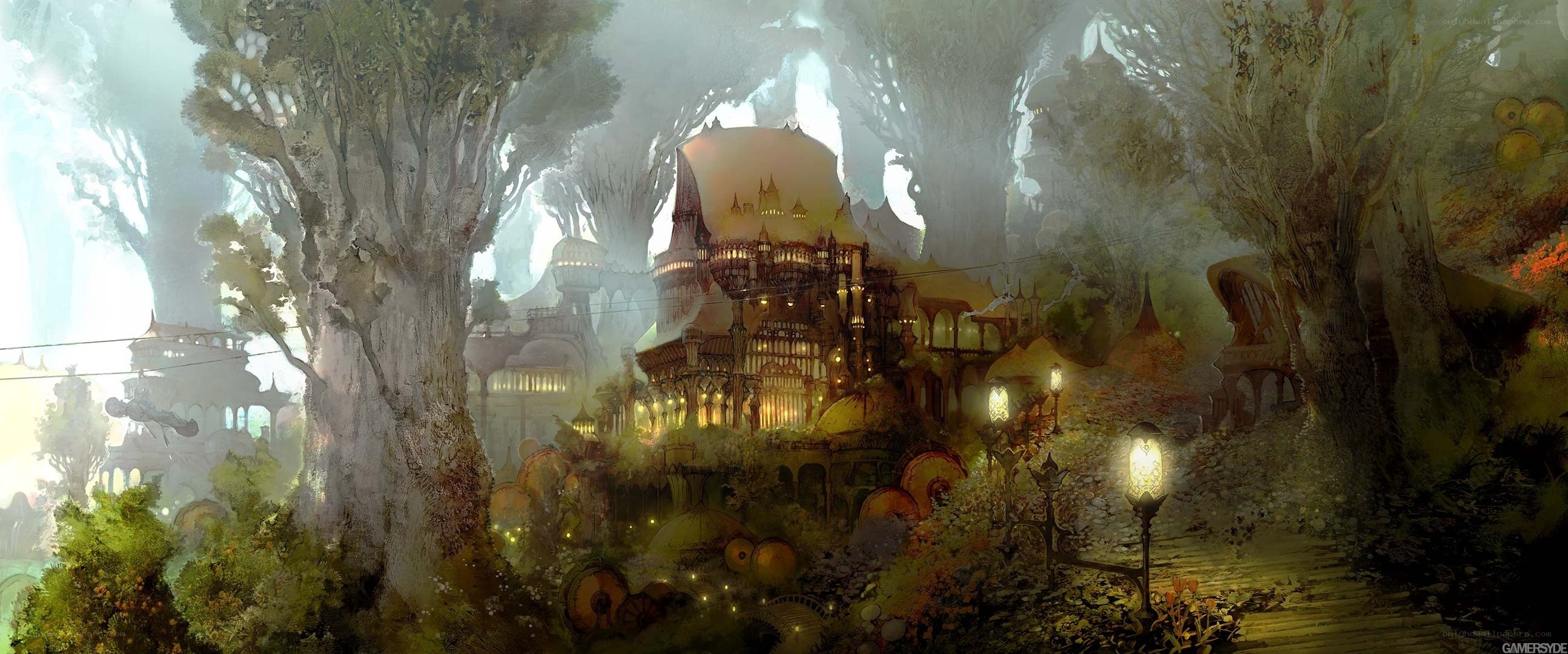 Fantasy forest village at dusk