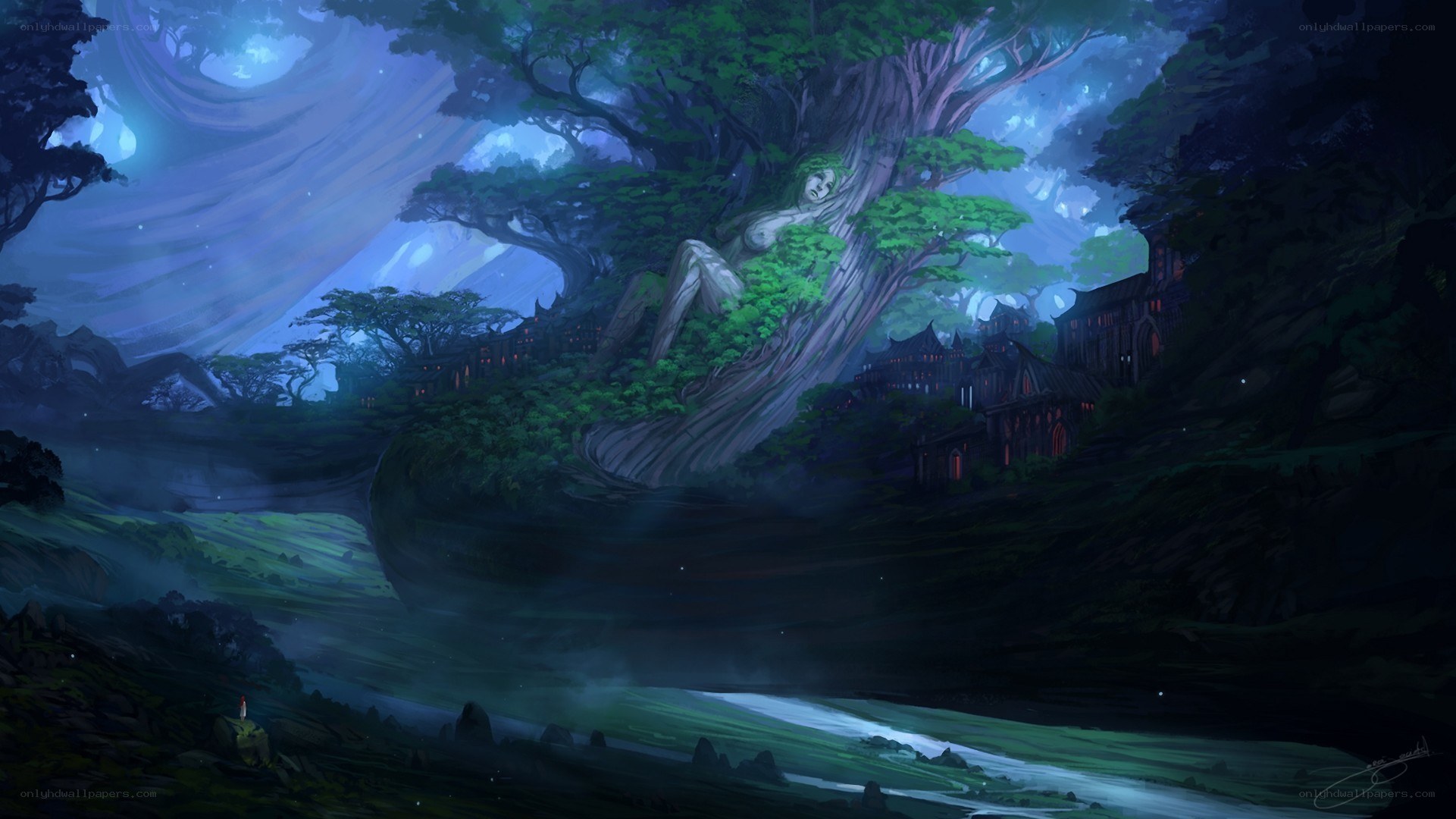 Fantasy forest village at night