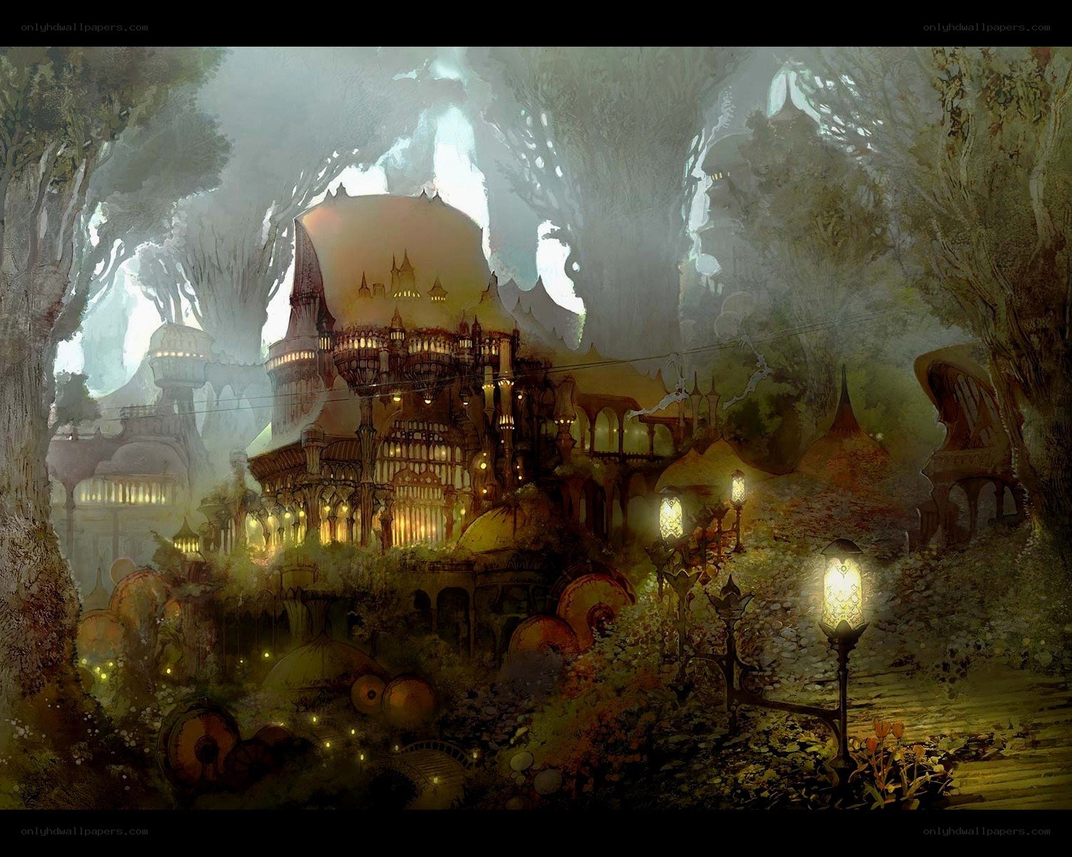 Fantasy forest village at night