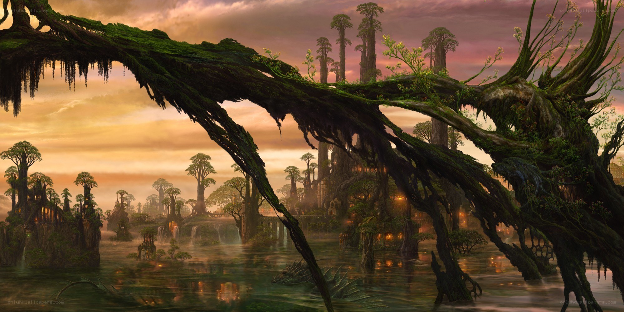 fantasy forest village at sunset