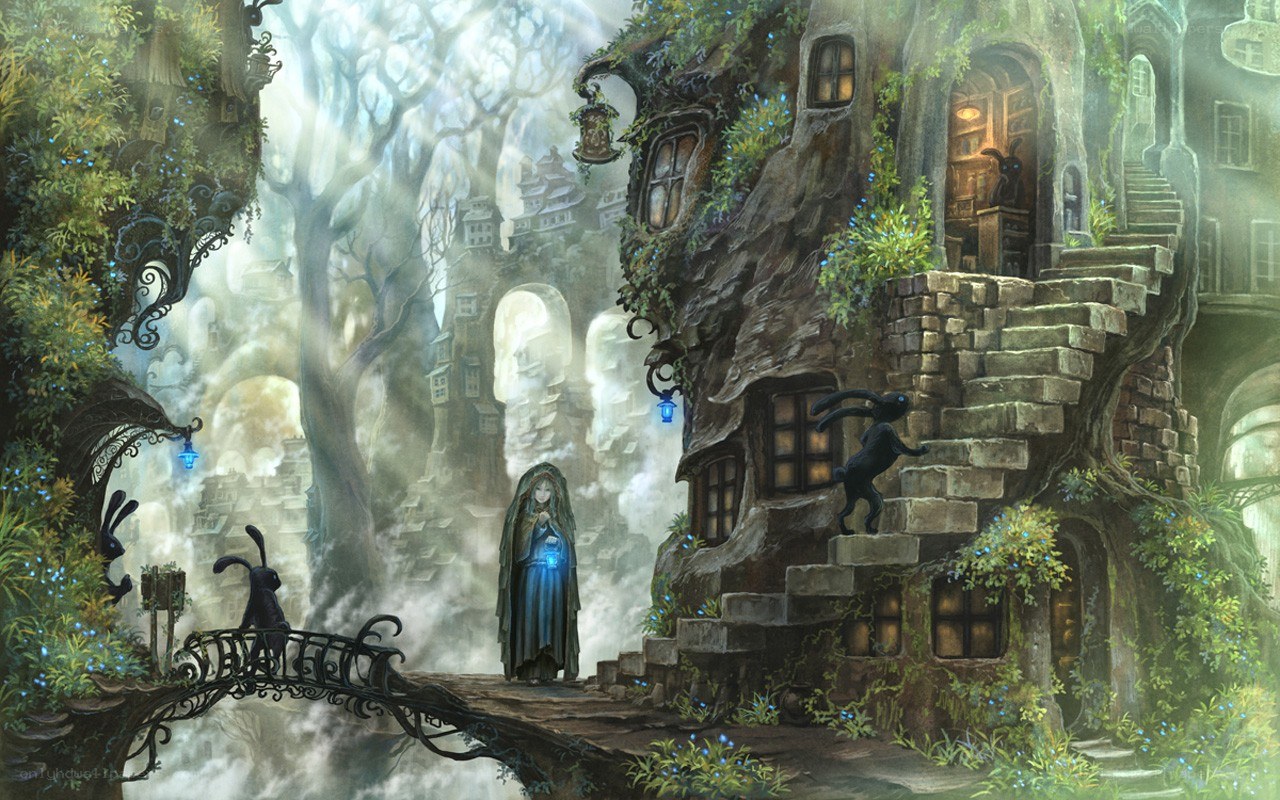 Fantasy forest village scene