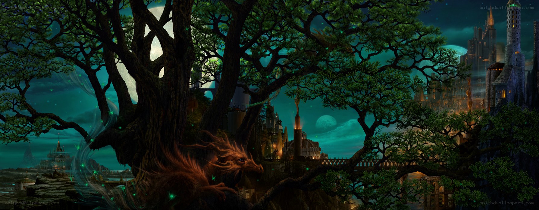 Fantasy forest with dragon and castle