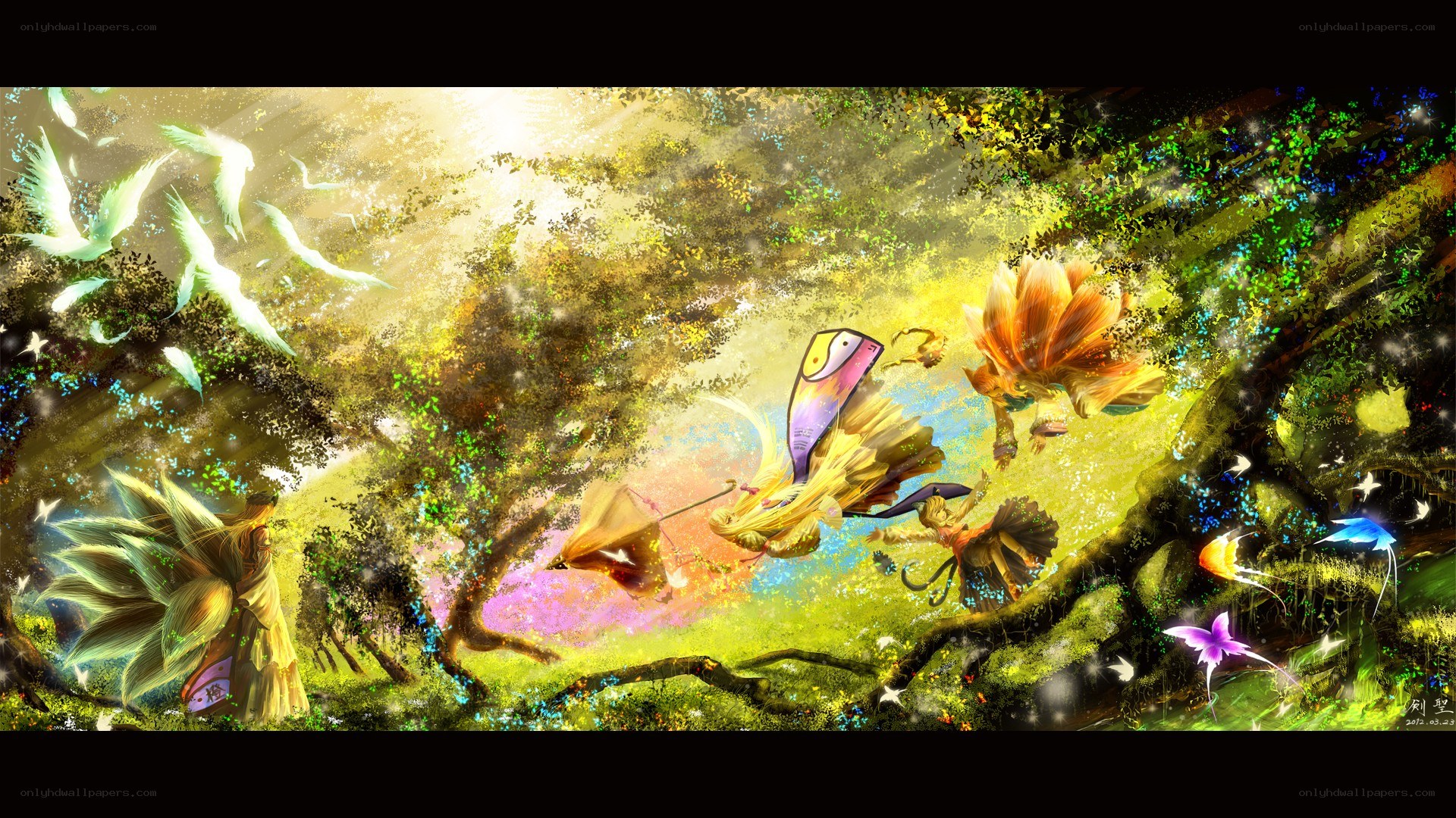 fantasy forest with flying creatures