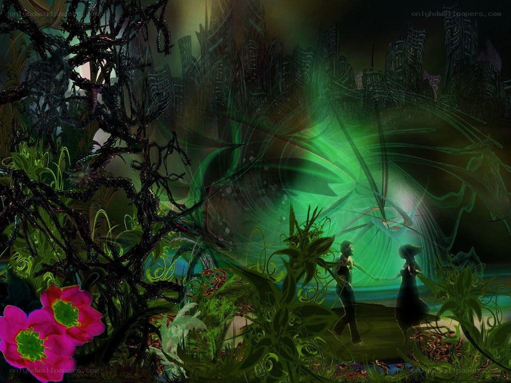 Fantasy forest with glowing city