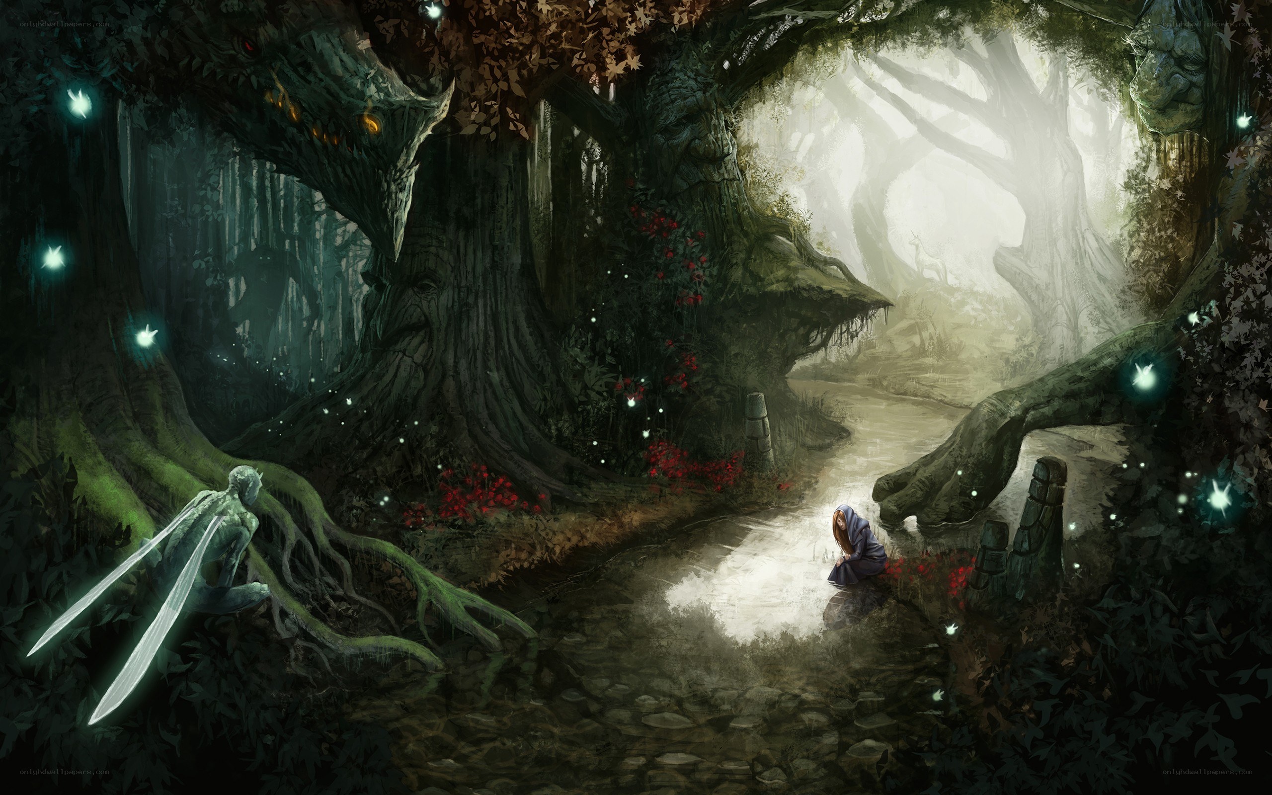 Fantasy forest with glowing creatures