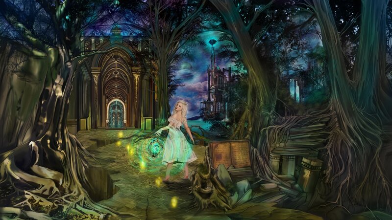 Fantasy forest with glowing girl