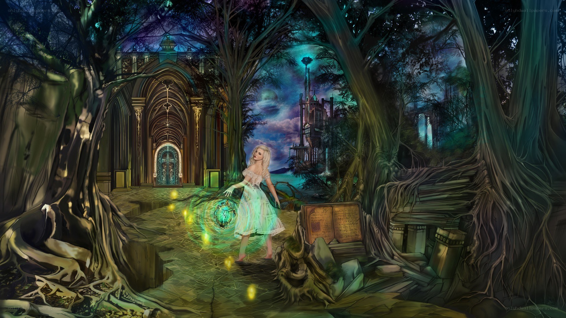 Fantasy forest with glowing girl