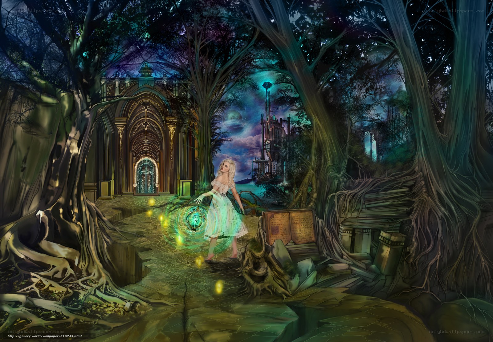 Fantasy forest with glowing girl