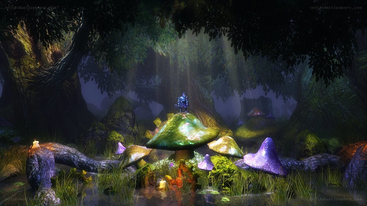 Fantasy forest with glowing mushrooms