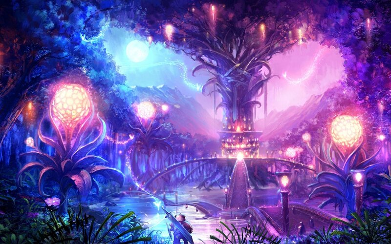 Fantasy Forest with Glowing Plants — Purple