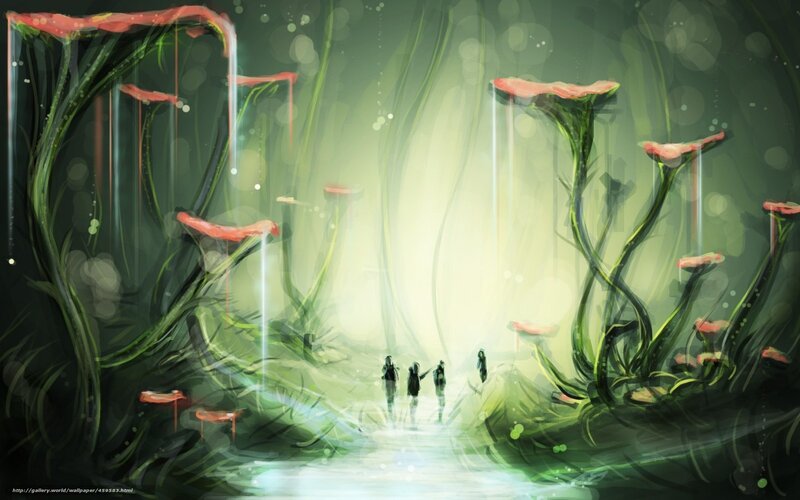 Fantasy forest with glowing plants