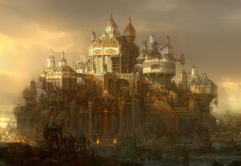 Fantasy fortress at sunset