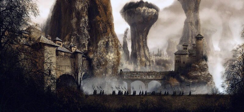 Fantasy fortress in misty mountains