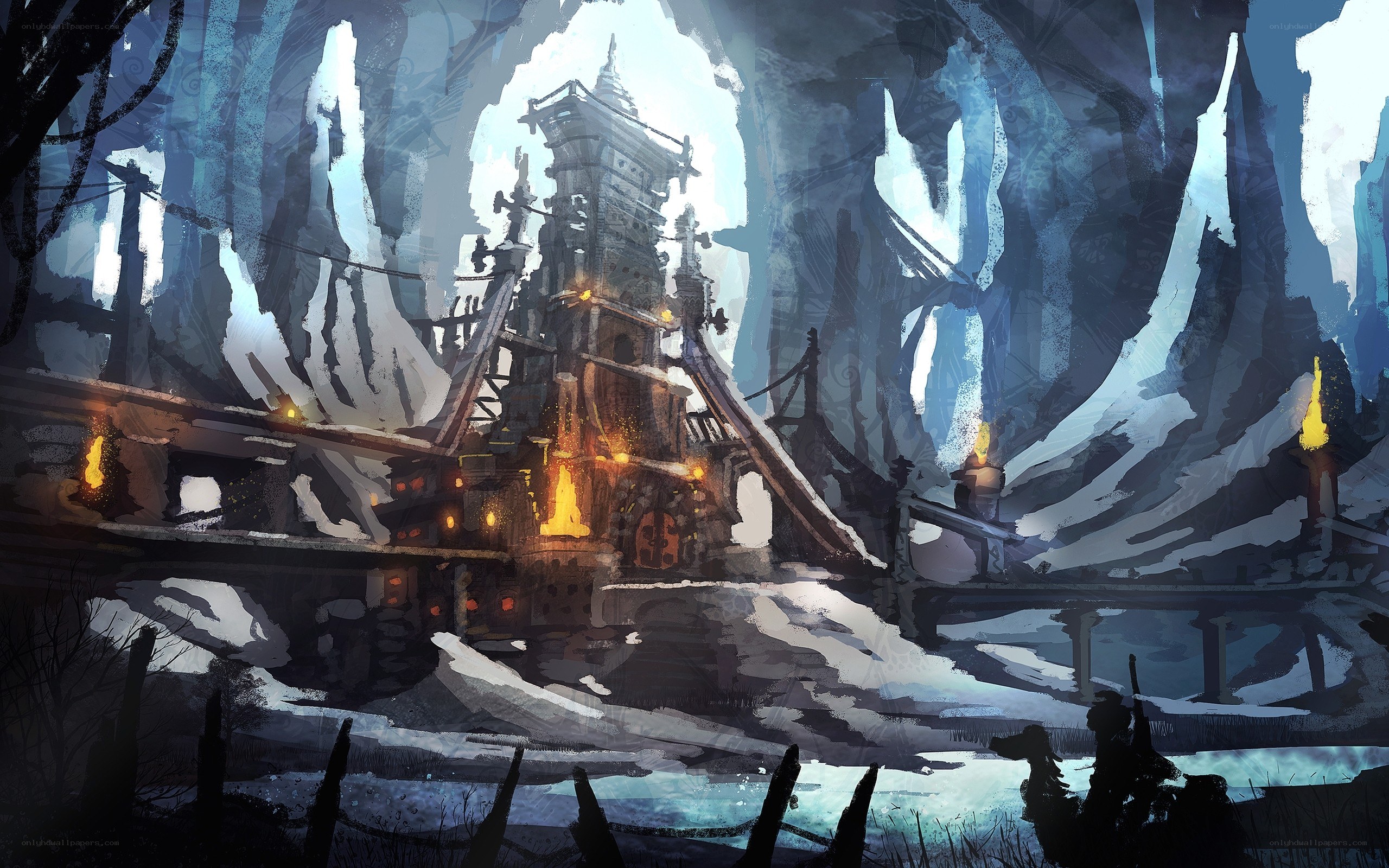 Fantasy fortress in snowy cavern