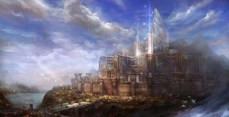 Fantasy fortress under celestial light