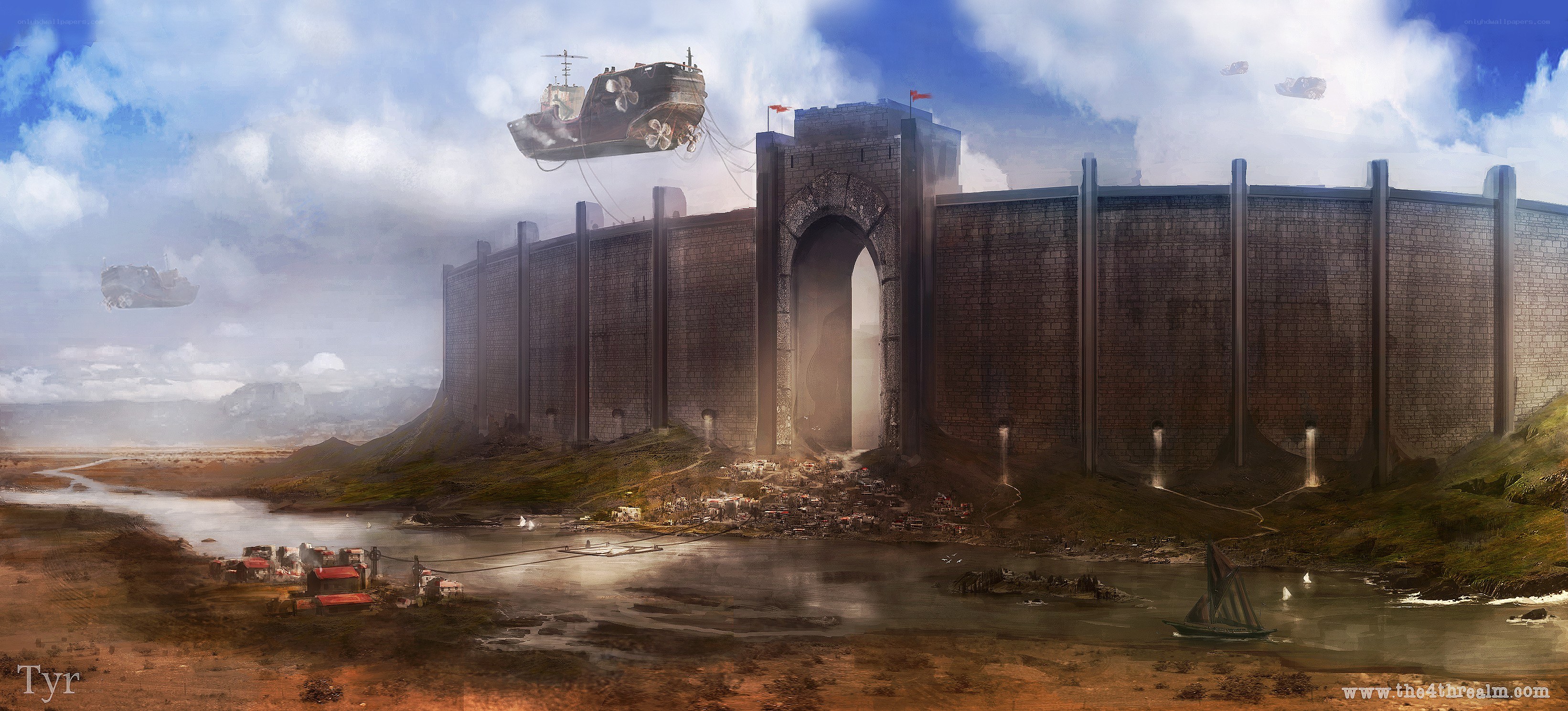 Fantasy fortress with airships