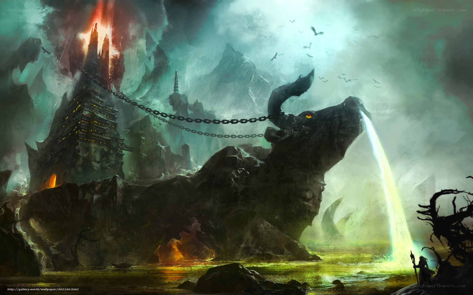 Fantasy fortress with chained beast