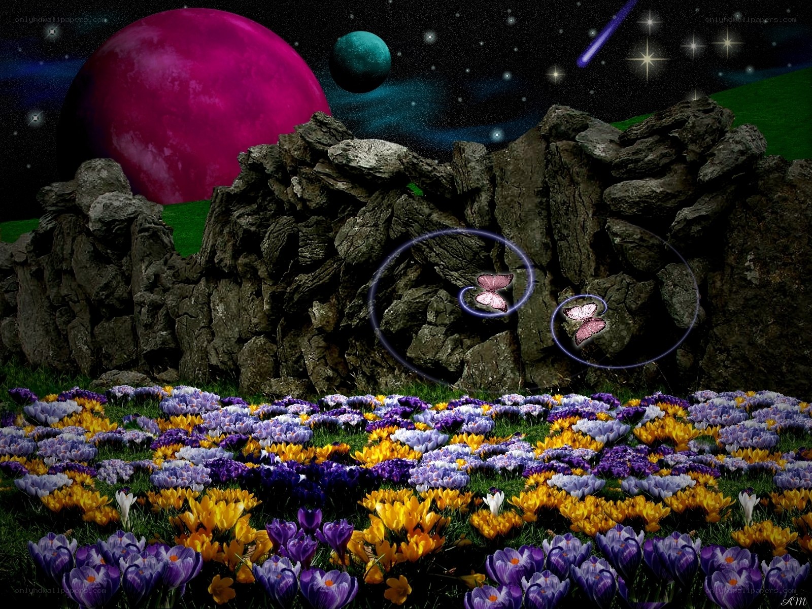 Fantasy garden with colorful flowers