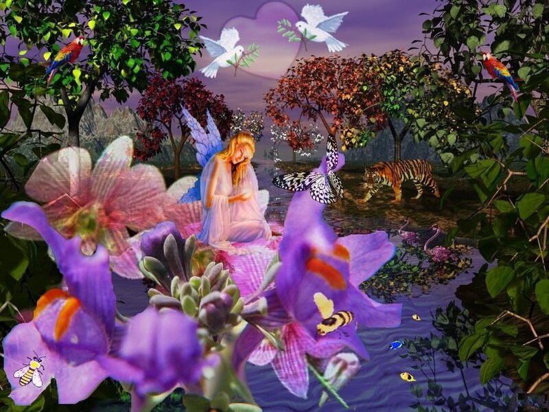 Fantasy garden with fairy and tiger