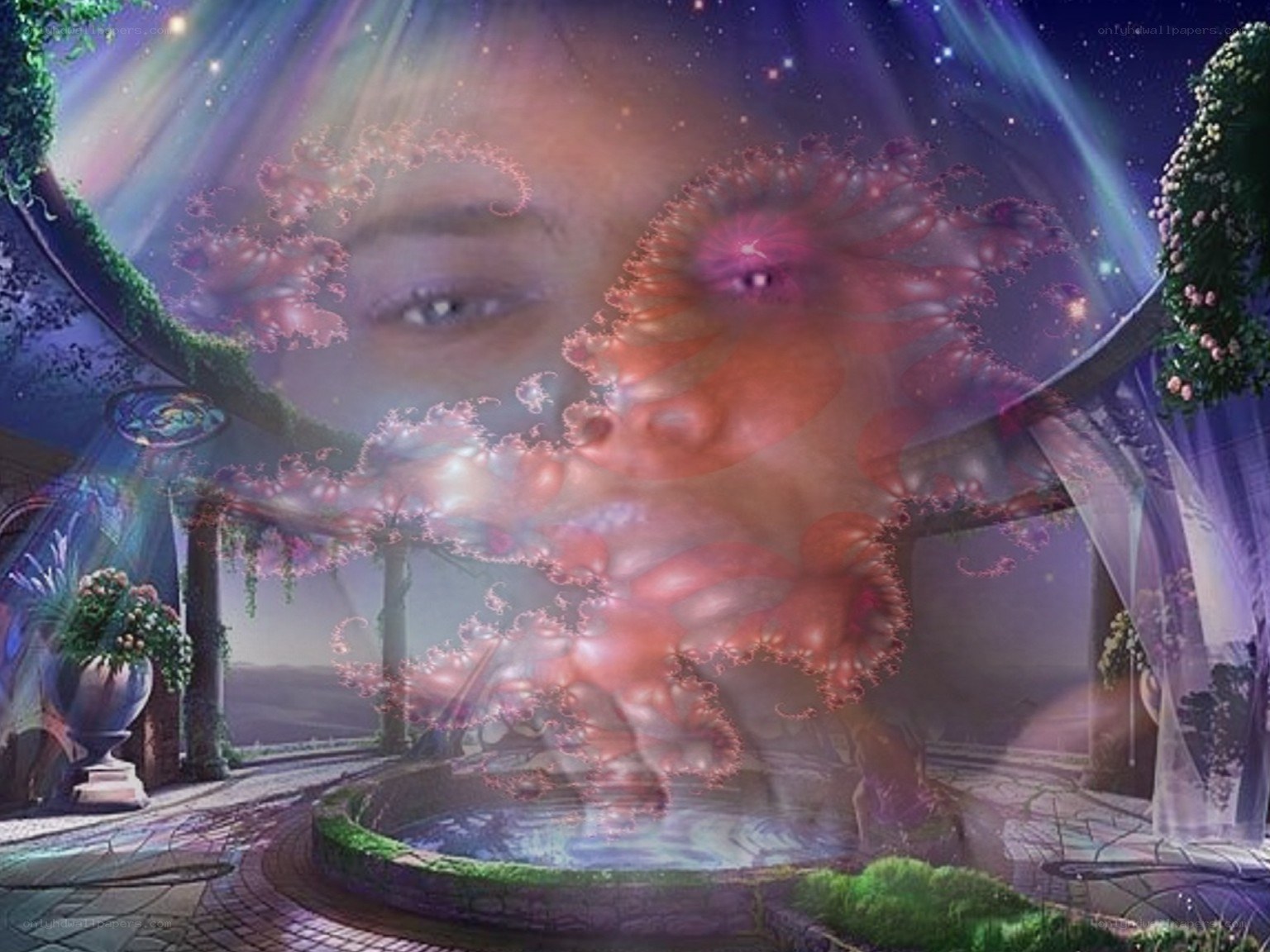 Fantasy garden with glowing face