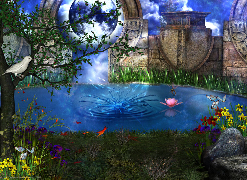 Fantasy garden with moon and pond