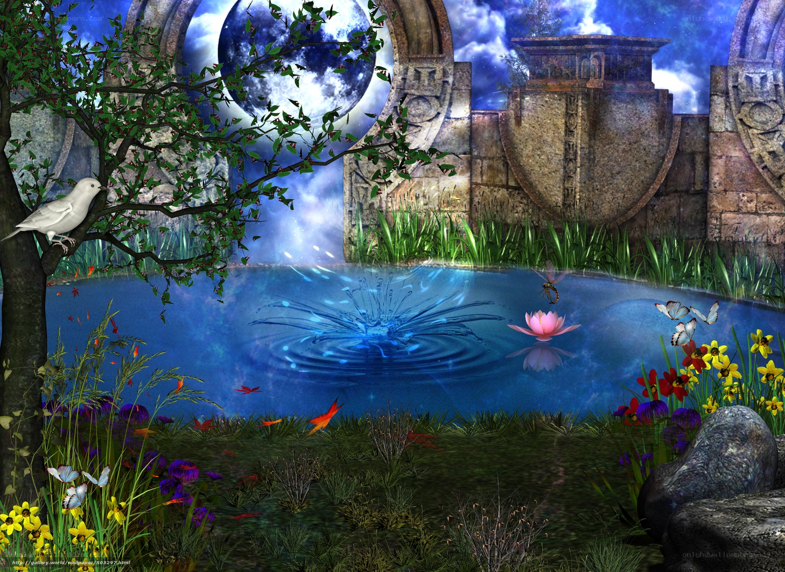 Fantasy garden with moon and pond