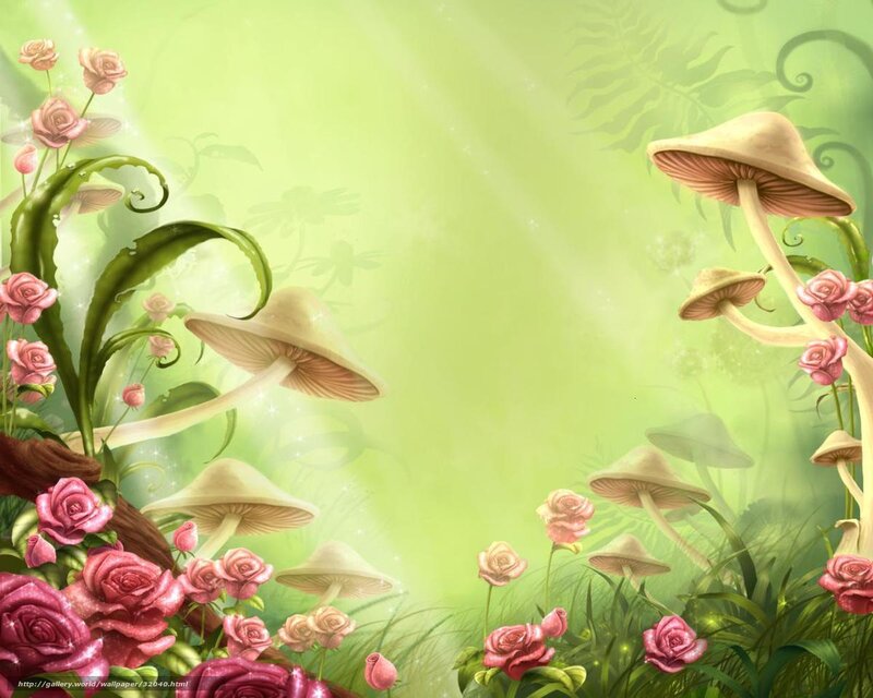 Fantasy garden with mushrooms and roses