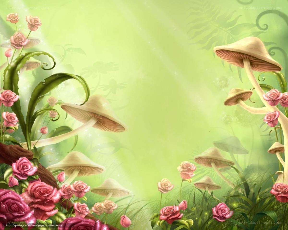 Fantasy garden with mushrooms and roses