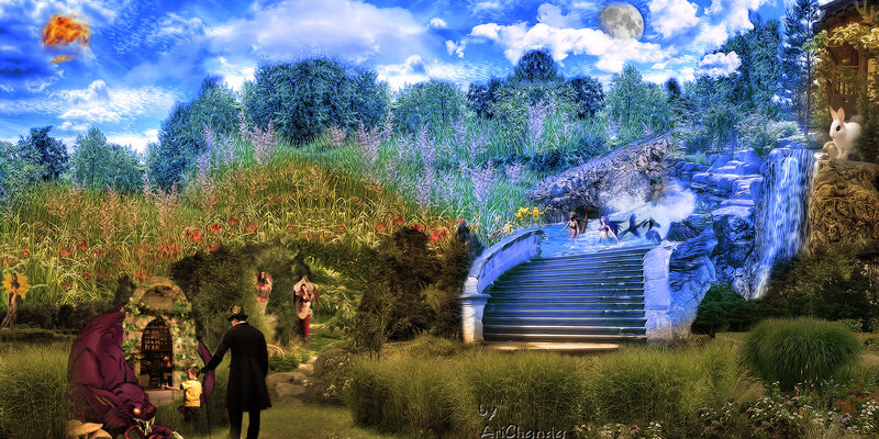 Fantasy garden with waterfall