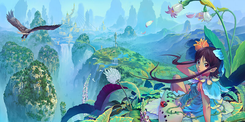 fantasy girl in a lush landscape