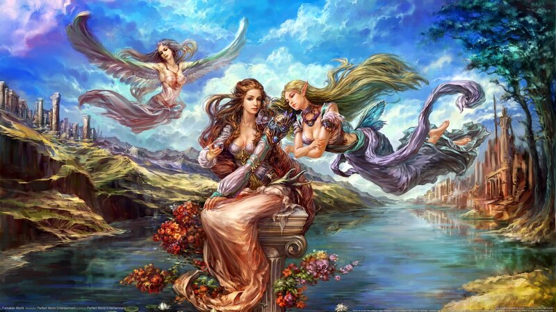 Fantasy goddesses by a river