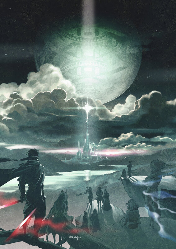 Fantasy group gazes at glowing moon