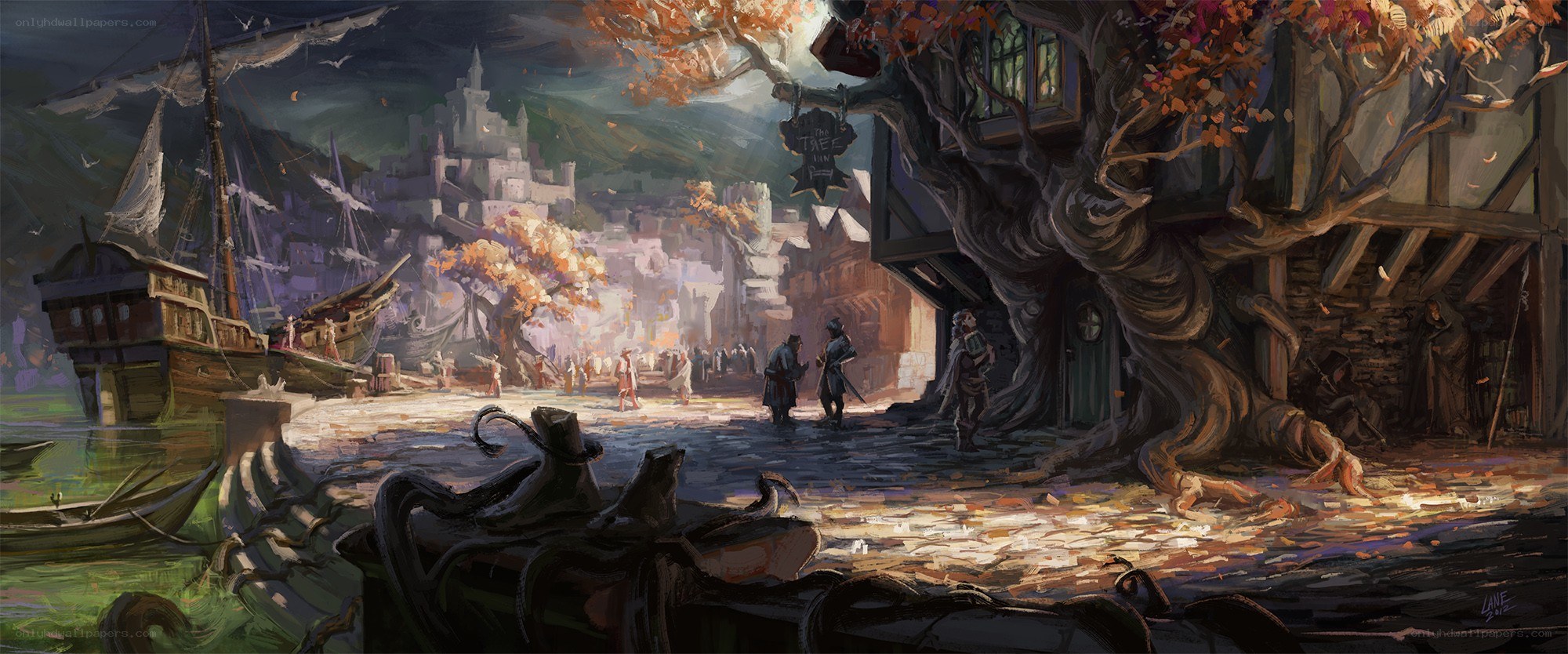 Fantasy harbor village scene