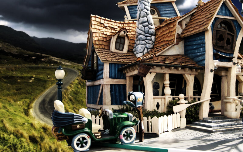 Fantasy house with vintage car
