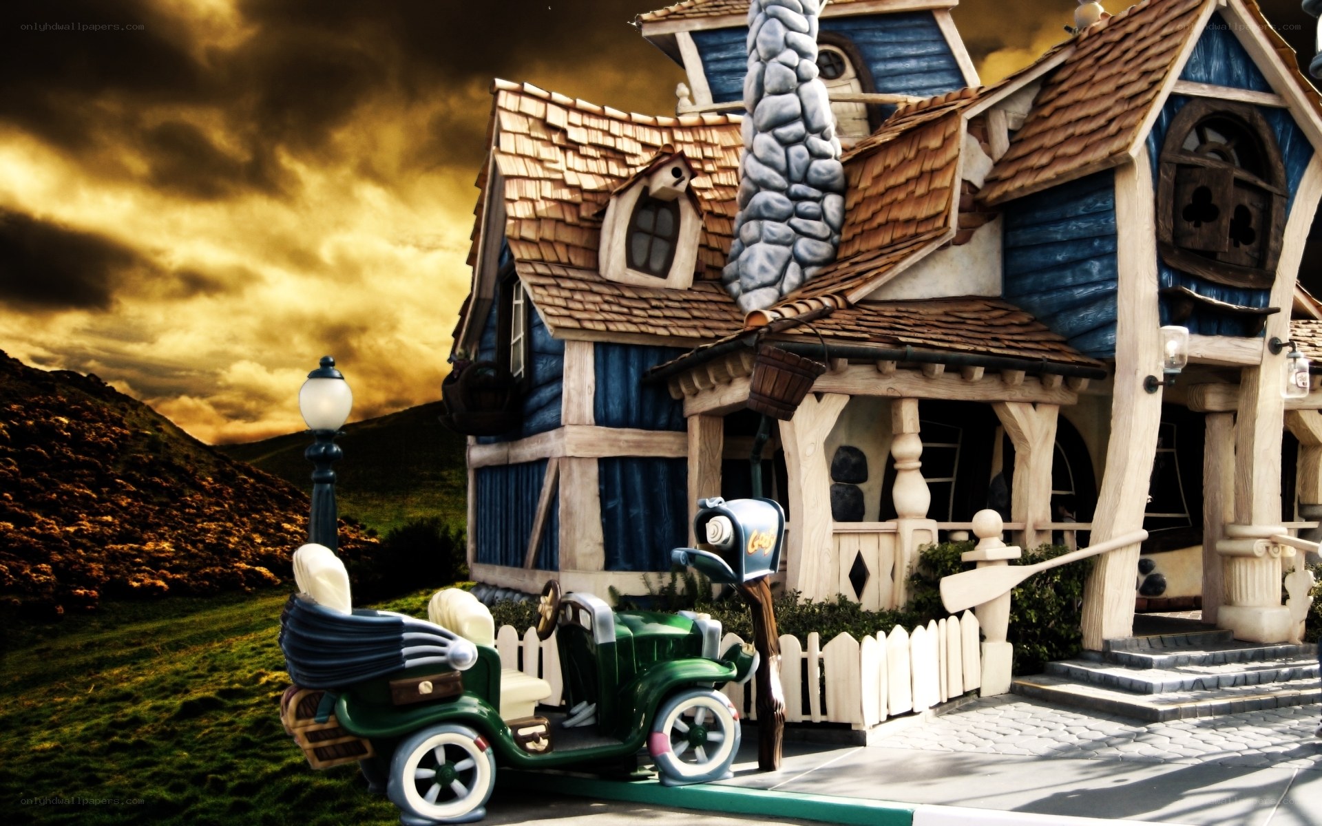 Fantasy house with vintage car