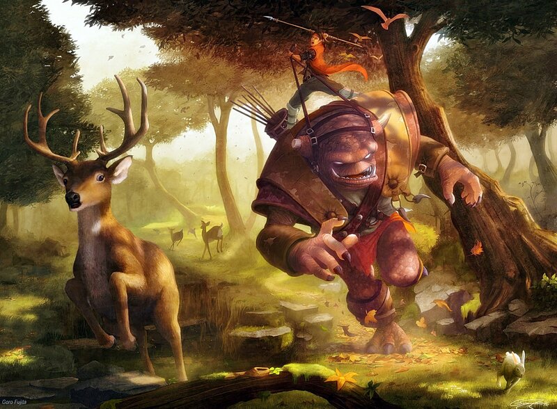 Fantasy hunter on giant creature