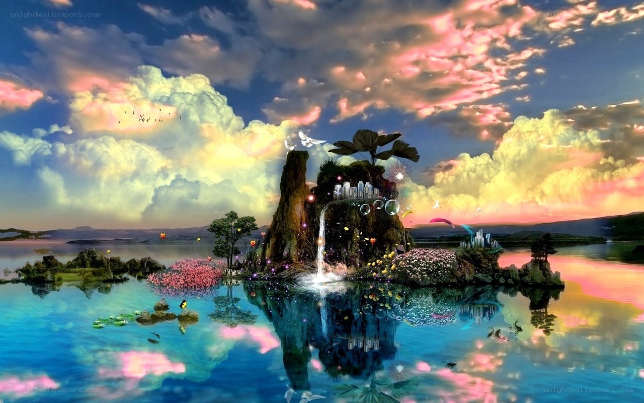 fantasy island at sunset