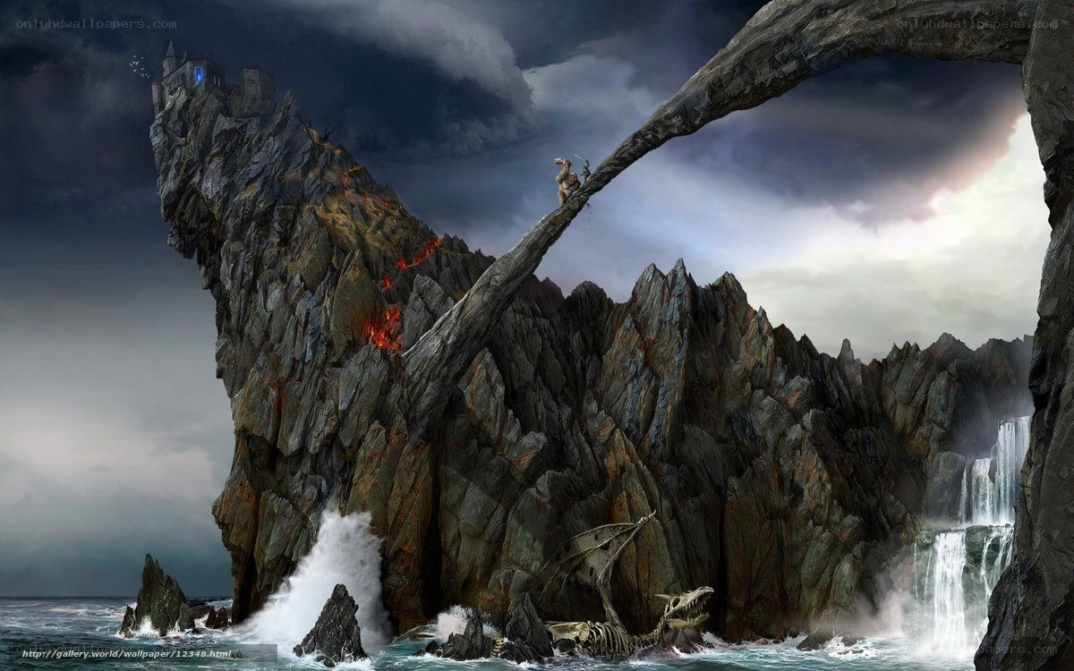 Fantasy island with castle and dragon