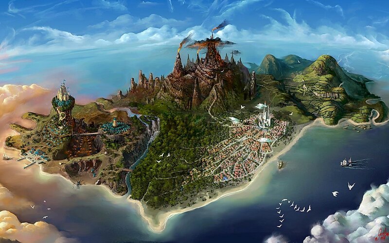 Fantasy island with castles and volcano