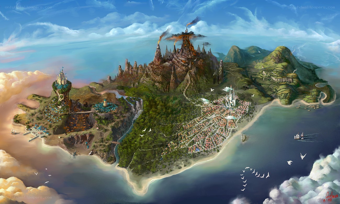 Fantasy island with castles and volcano