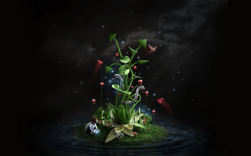 fantasy island with glowing plants