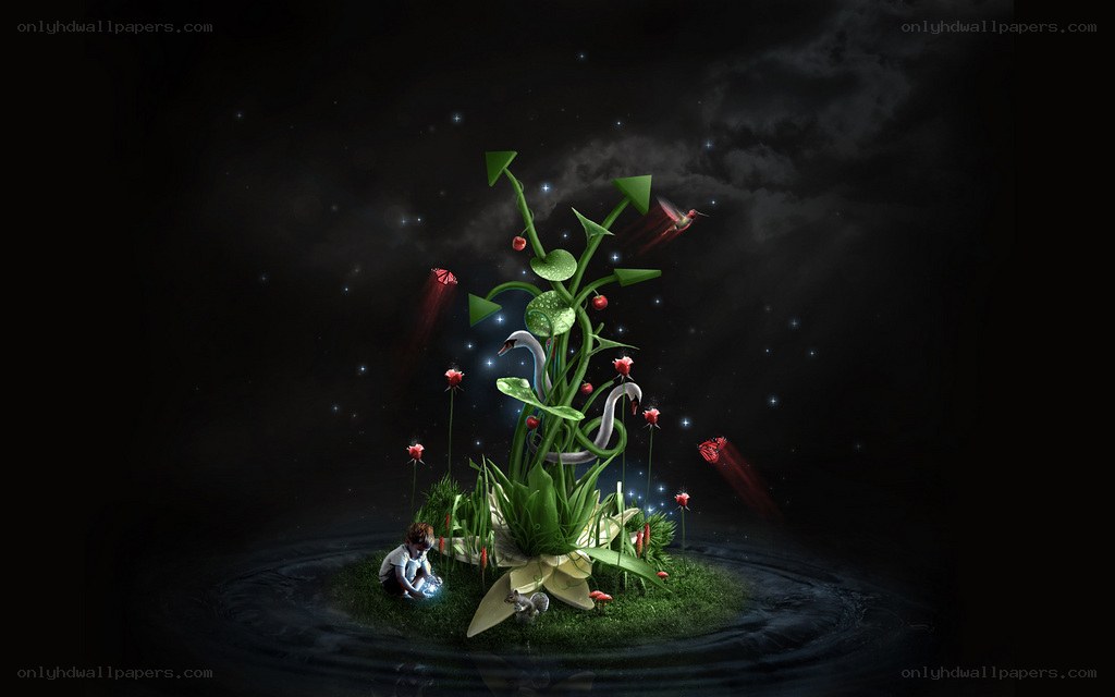 fantasy island with glowing plants